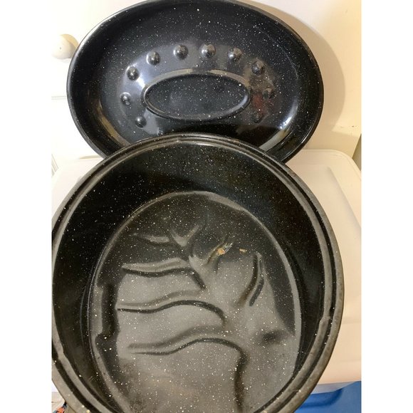 Vintage‎ Cobalt Blue Graniteware Roaster 17"  x 12" Enamelware Pot Splatt… - Picture 5 of 8